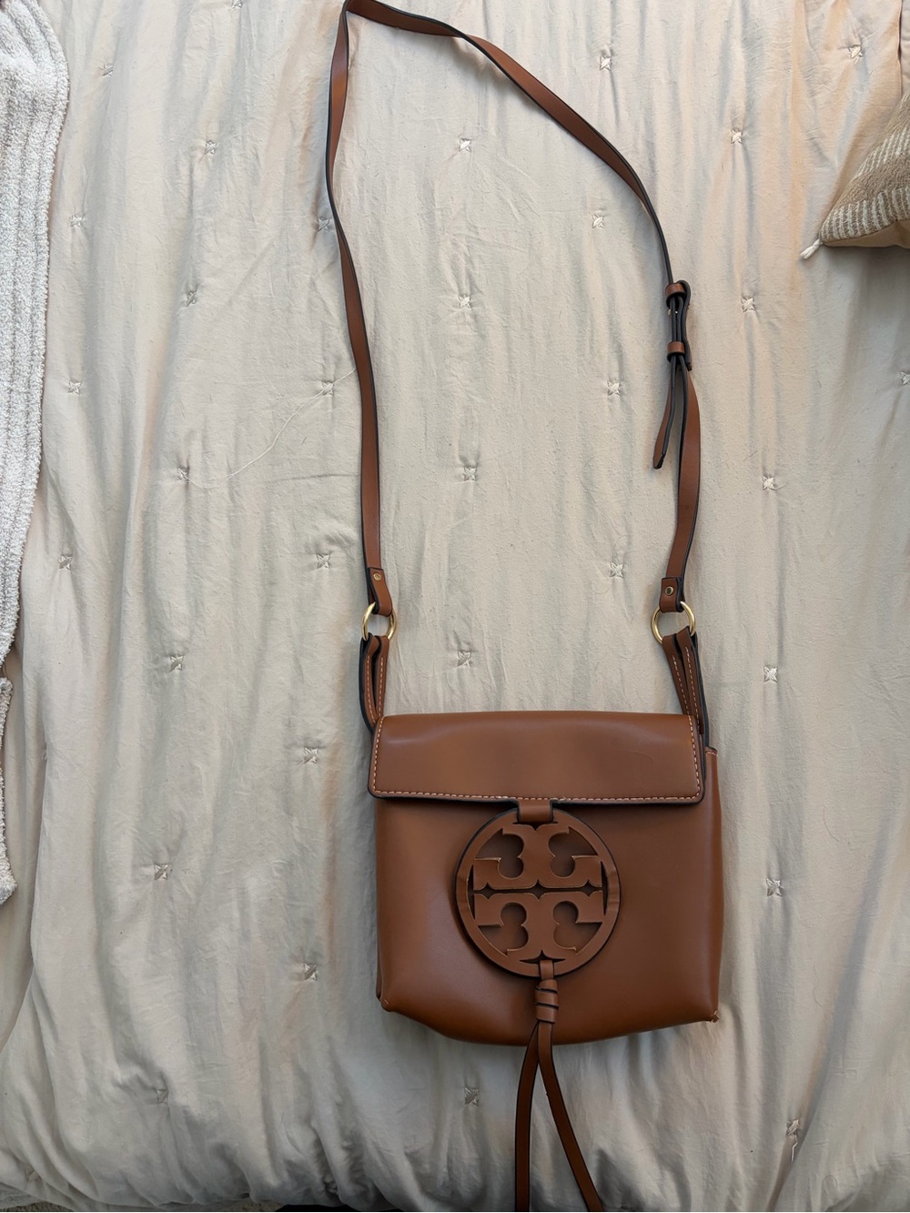 Tory Burch Tan Leather Logo Flap Crossbody
